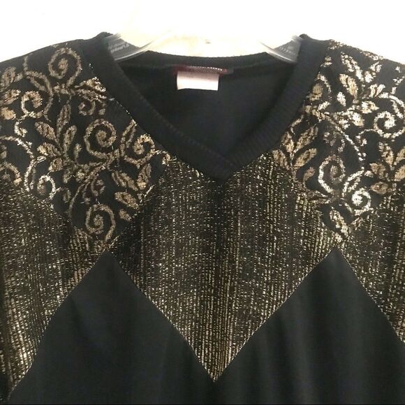 Vintage Retro boho gold metallic & black V-neck 3/4 sleeve blouse M - Picture 7 of 10